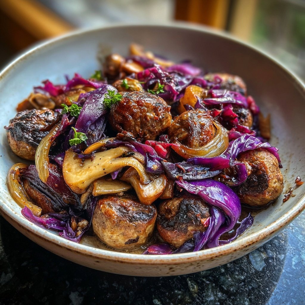 Pilz-Maronen Ragout mit Ofenknödeln und Rotkraut