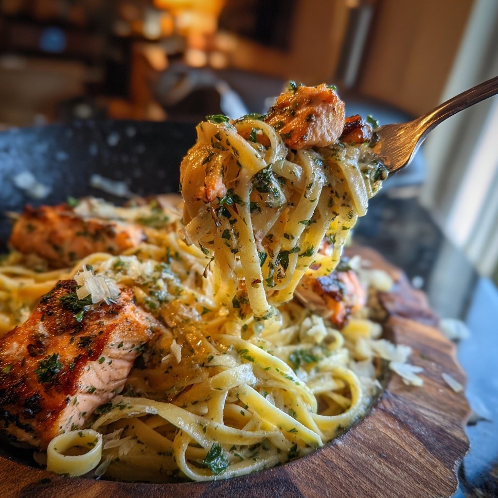 Knoblauchbutter-Lachs-Fettuccine