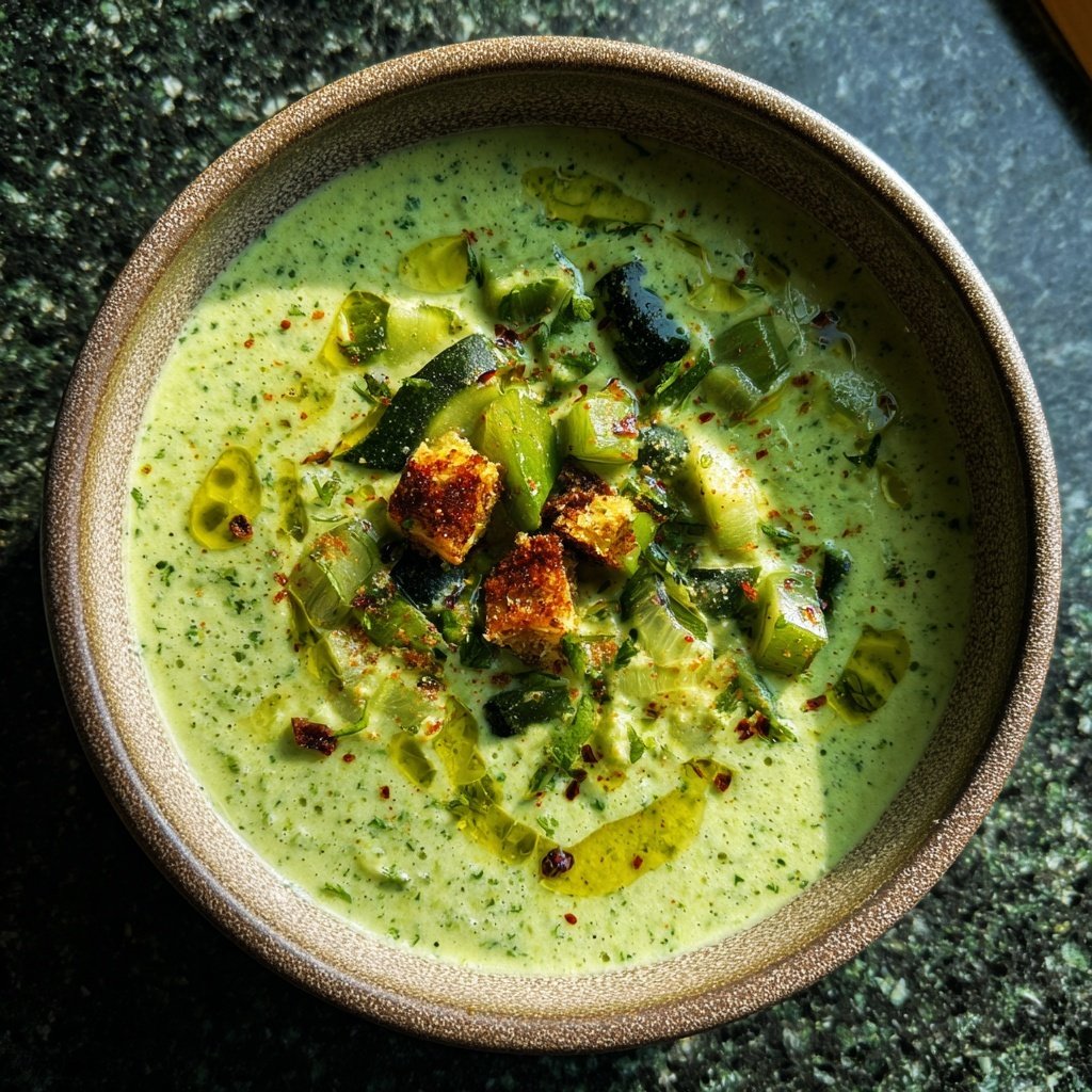 Frühlingsgrünes Gazpacho mit Croutons