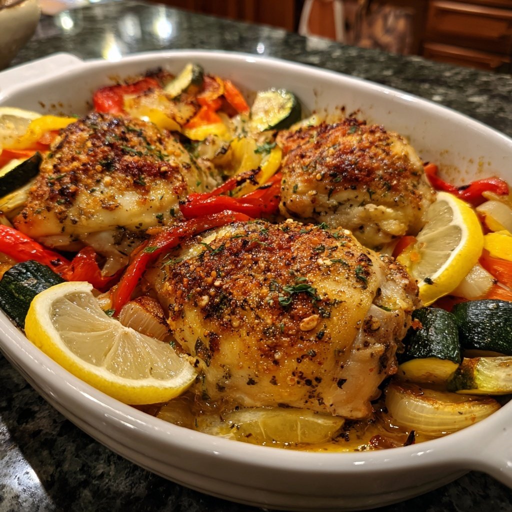 Gebackenes Zitronen-Knoblauch-Huhn mit Gemüse