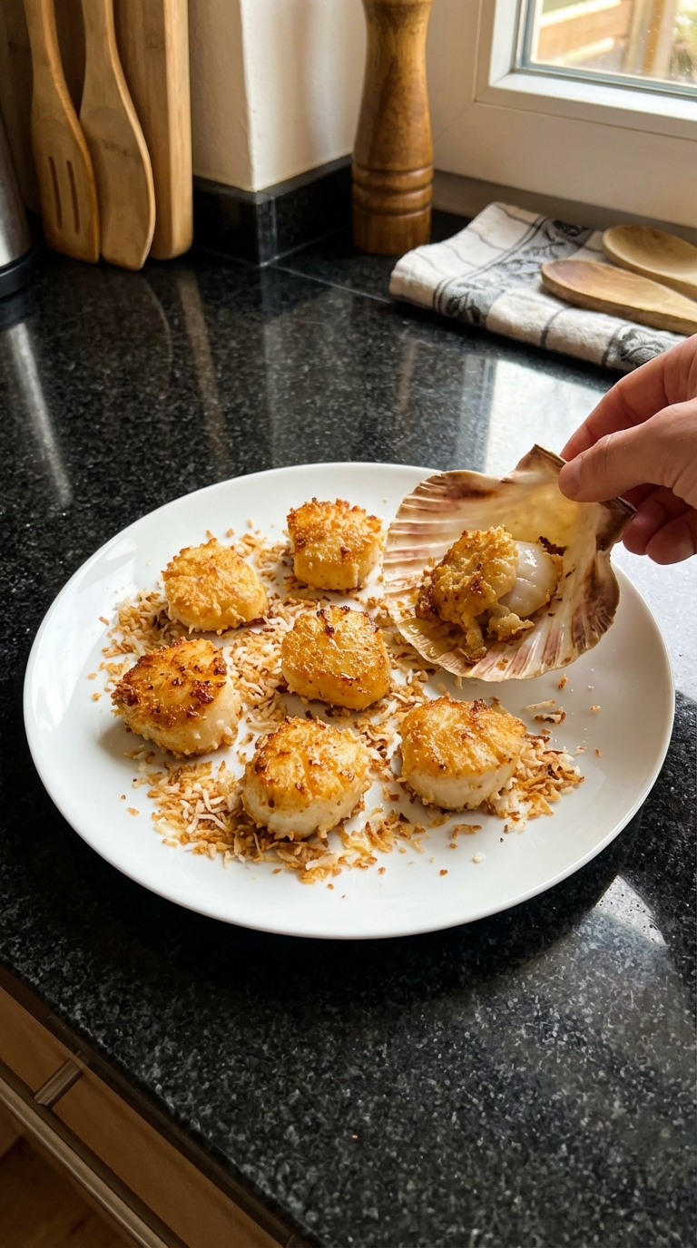 Kokos Panierte Pfannen Jakobsmuscheln​