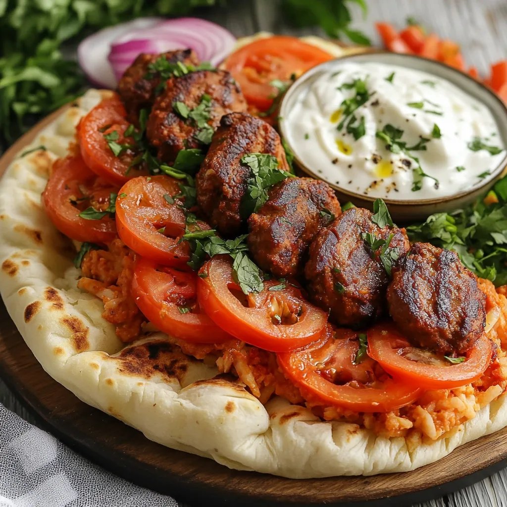 Tomaten-Kritharaki mit veganen Cevapcici und Tzatziki